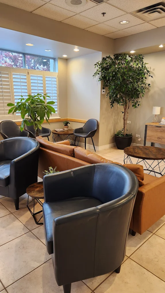 Spacious waiting room with modern furniture and plants
